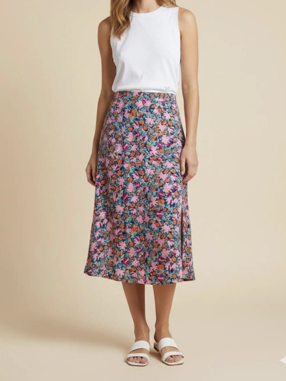 Loft Floral Linen Blend MIDI Skirt Side Slit/ Zip Sz 6 New without Tag A Line